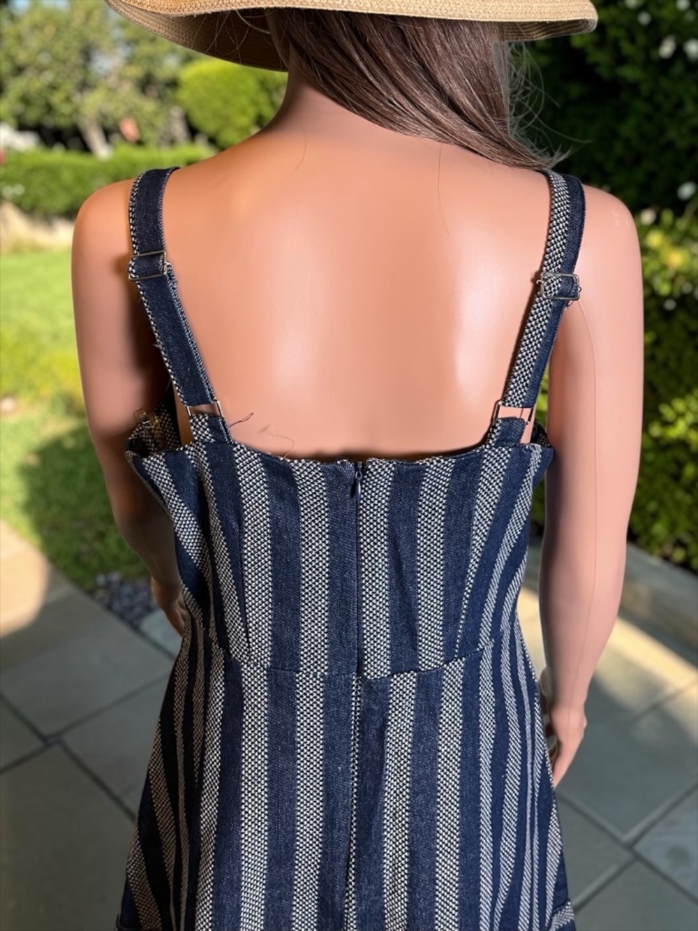Umgee NWT Denim Stripe Mini Dress L Frayed Hem Boho Summer Adjustable Straps - Picture 5 of 9